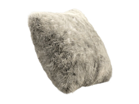 Taupe shaggy faux fur square pillow isolated PNG, fluffy decorative cushion with long plush fur texture for interior decor