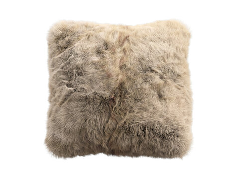 Beige shaggy faux fur square pillow isolated PNG, fluffy decorative cushion with long plush fur texture for interior decor