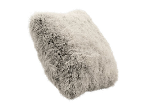Light beige shaggy faux fur square pillow isolated PNG, fluffy decorative cushion with long plush fur texture for interior decor