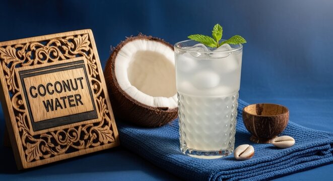 Fresh Hydrating Coconut Water with Mint and Ice on Indigo Boubou with Iroko Sign and Copy Space