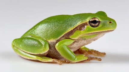 Obraz premium Small green amphibian perched on a bright white backdrop for minimalistic science imagery