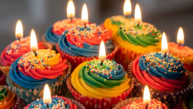 Rainbow Swirl Celebration: Colorful Cupcakes with Fiery Candles
Luminous Cupcake Parade: Bright Icing and Sparkling Sprinkles
Festive Frosting Fiesta: Vibrant Cupcakes Ready to Celebrate