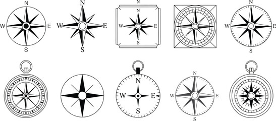 Compass rose icon set vector, nautical wind rose symbols with cardinal direction markers for navigation and mapping design.