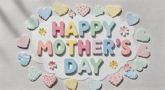Colorful 3D Paper Cutout "Happy Mother's Day" Greeting with Pastel Hearts and Flowers