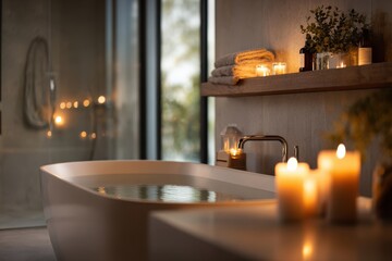 Warm candlelit modern bathroom with a freestanding tub at dusk