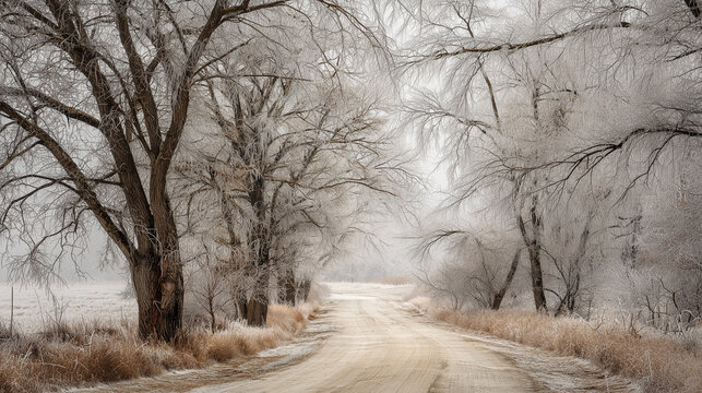 Frozen Country Road After Ice Storm with Frost-Covered Trees in Winter Landscape ~ created using generative AI