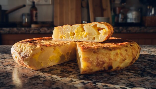 A traditional Spanish tortilla de patatas, cut into wedges and presented on a kitchen counter with a blurred background. Perfect for food blogs, recipe websites, and cooking magazines.