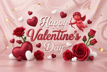 Naklejka premium Festive valentine day 3d composition with cupid hearts and roses on pink background