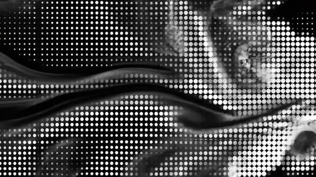 Abstract black and white halftone pattern with swirling liquid shapes