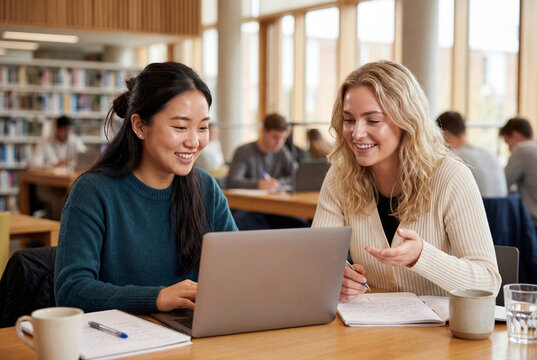 Diverse female students working on research at library table