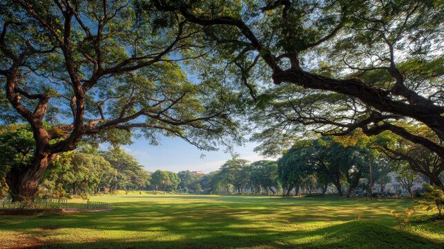 Serene greenscape in a public park with canopy-shaded grass and blue sky