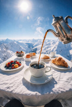 Outdoor mountain breakfast with coffee pour and sunny winter view