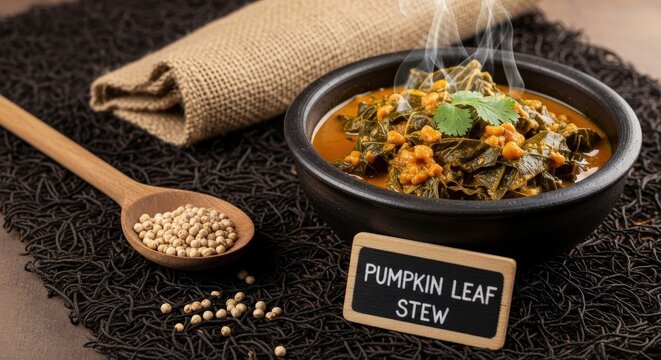 Nutritious Pumpkin Leaf Stew in Peanut Sauce with Steam on Mud-cloth and Iroko Sign