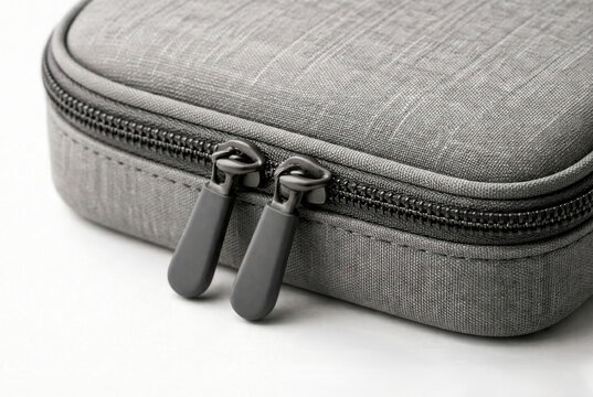 Gray fabric zip case close up zipper and stitching detail