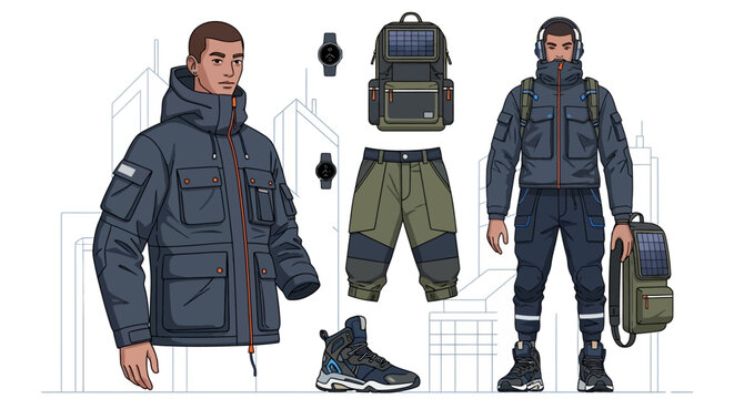 Modern male character illustration wearing urban techwear and functional outdoor gear