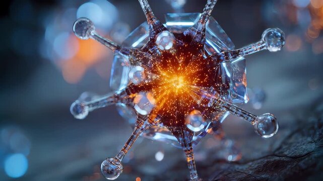 Microscopic 3D render of a glowing virus pathogen with spike proteins in a dark cellular environment