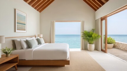 Fototapeta premium Serene Modern Bedroom Overlooking Calm Sea with Natural Light and Minimalist Decor