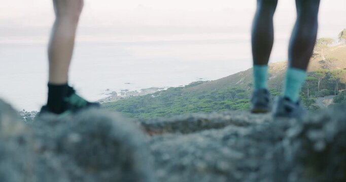 Fitness, hiking or legs on cliff with support, training or cardio commitment in outdoor hobby. Team, people or friends with walk, workout collaboration or trekking together in physical activity.