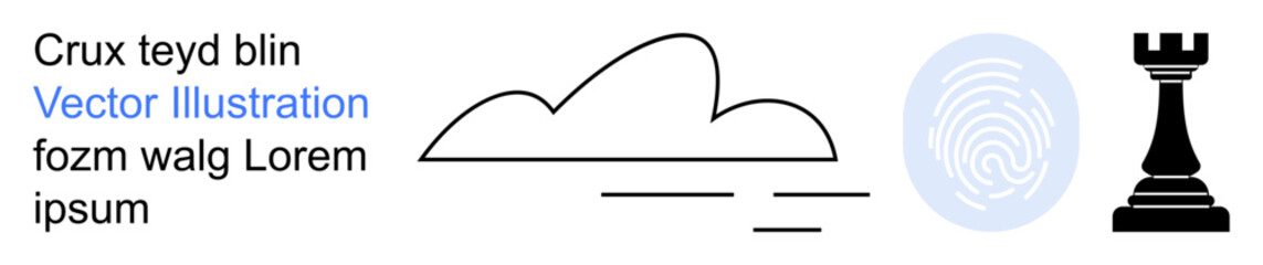 Technology, strategy, cloud storage, personal identity, fingerprint authentication, digital networking. Minimalistic design with a cloud shape, fingerprint chess rook and text. Technology © robu_s