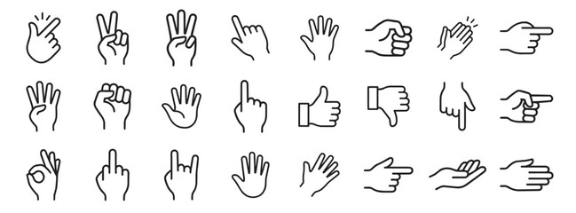 hand gesture outline icon set with pointing fingers, thumbs up, thumbs down and communication symbols isolated on transparent background © Ярослав Дацко