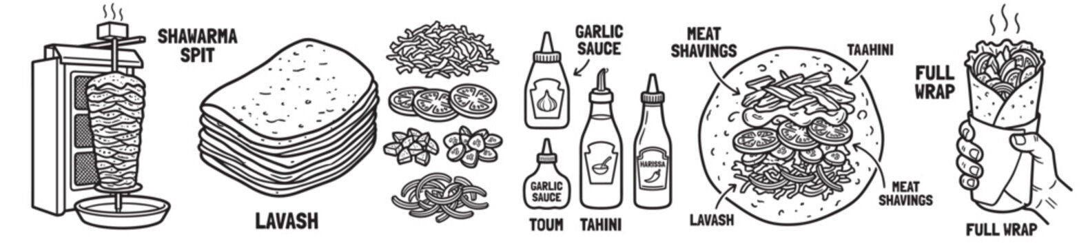 shawarma wrap outline icon set with lavash bread, meat slices, vegetables and sauces street food sandwich preparation isolated on transparent background