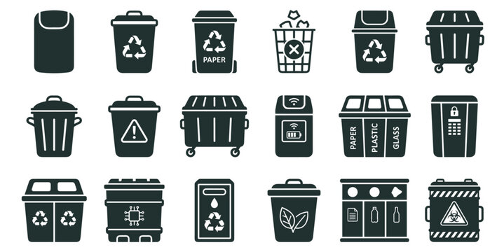 recycling and trash bin icon set, waste containers for garbage disposal, plastic paper and glass sorting symbols isolated on transparent background