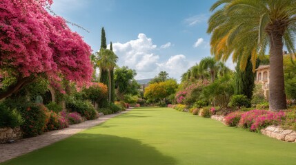 Fototapeta premium Vibrant Garden Pathway with Colorful Flowers and Lush Palm Trees Under a Bright Blue Sky