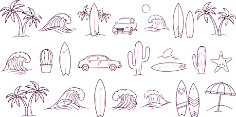 A collection of various tropical island and mountain illustrations