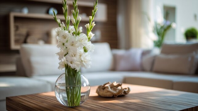 White gladiolus flowers in a vase sit on a wooden table in the living room.