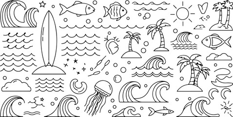 Obraz premium A variety of black and white illustrations of ocean waves and palm trees