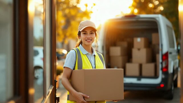 Cheerful Delivery Driver Preparing Packages During Golden Hour Sunlight