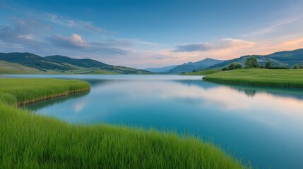 Obraz premium Serene Lake Surrounded by Lush Green Grass and Majestic Mountains Under Clear Blue Sky at Dusk