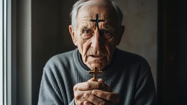 Close-up of an elderly man praying with an ash cross on his forehead. Senior holding a wooden cross during Ash Wednesday. Solemn religious devotion and Lent tradition concept