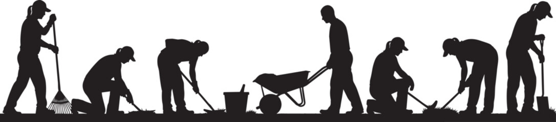 Black silhouette collection of people gardening and landscaping with tools like rakes shovels and wheelbarrows isolated on white background for outdoor spring maintenance work © DesignVectz