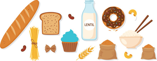 Collection of carbohydrate food sources including bread pasta rice donut cupcake and cereal grains for healthy balanced diet and nutrition concept flat vector