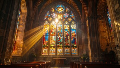 Fototapeta premium Elaborate stained glass window depicting biblical scenes with vibrant jewel tones, illuminated by sunbeams inside a historic church.