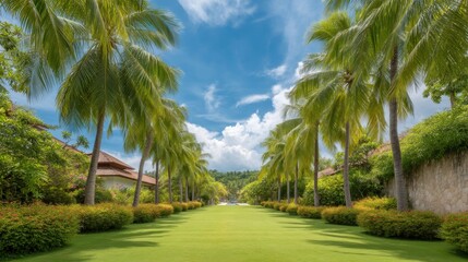 Obraz premium Lush Tropical Landscape with Palm Trees and Scenic Walkway Under Bright Blue Sky and White Clouds