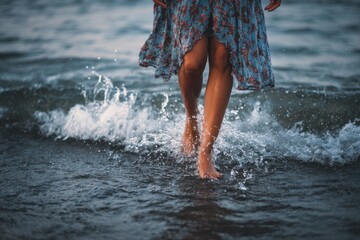 Fototapeta premium A person in a blue floral dress is walking barefoot along the shoreline, where gentle ocean waves splash around their legs