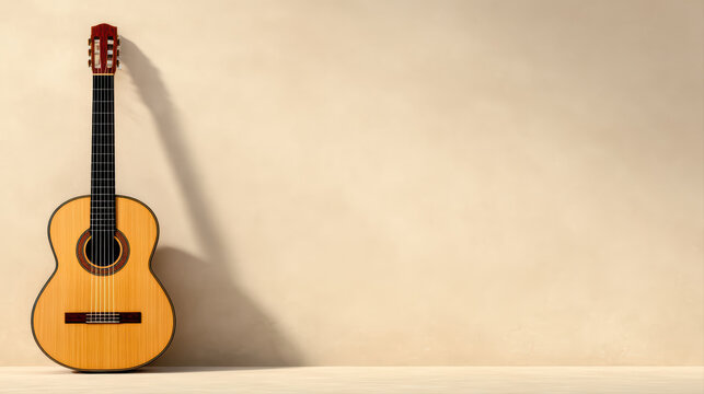 Classical guitar acoustic guitar musical instrument wood texture string instrument shadow beige background close up studio lighting minimal style