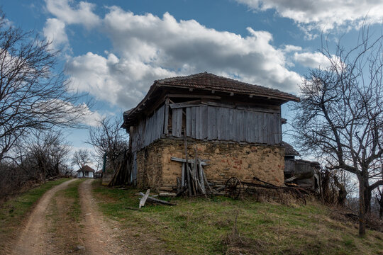 Old houses in a rural household in the Gledici mountains in Serbia. Rural scene from Sumadija, a region of Serbia.