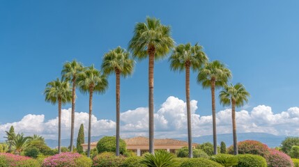 Naklejka premium Lush tropical landscape featuring tall palm trees against a clear blue sky with beautiful cloud formations in the background