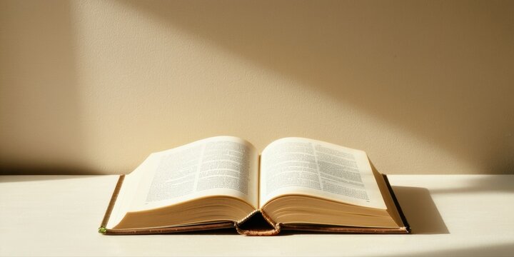 Open book rests upon surface. Light creates dramatic shadow, highlighting pages. Simple composition, quiet moment.
