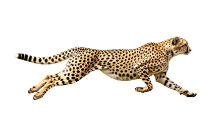 Running cheetah isolated on transparent background PNG, wild cat with black spots sprinting for wildlife and nature projects © Maria