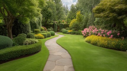 Obraz premium Serene Garden Pathway Surrounded by Vibrant Greenery and Colorful Flowers in a Lush Natural Landscape