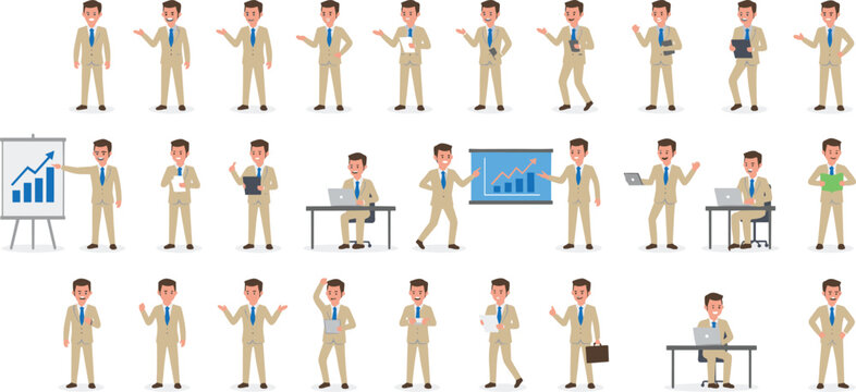 Flat vector illustration set of businessman character in various professional poses including presenting at a whiteboard working on a laptop and celebrating success isolated on white background.
