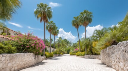 Fototapeta premium Serene Pathway Through Tropical Landscape with Palm Trees and Vibrant Flowers Under Clear Blue Sky