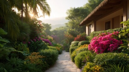 Fototapeta premium Lush Tropical Garden Pathway Surrounded by Vibrant Flowers and Greenery in a Serene Natural Setting at Sunrise