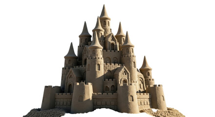 Detailed sandcastle with towers and turrets isolated PNG, intricate beach art for summer vacation and architectural design projects © Maria