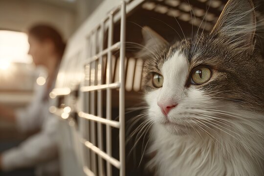 Cat in carrier, vet gently coaxing it out Generative AI