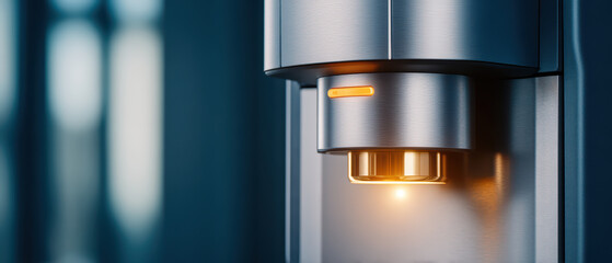Fototapeta premium Coffee machine close up with metallic surface and warm light glowing, modern kitchen appliance for brewing fresh coffee with sleek design and soft background blur